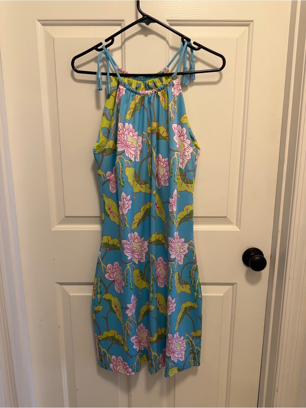 Gretchen Scott Halter Tassel Tie Dress Mystic Garden Turquoise Floral Size Med
